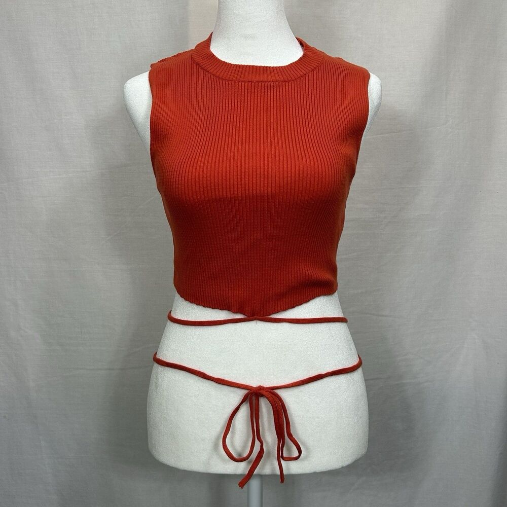 Forever 21 Large Crop Top Orange Ribbed Sleeveless Crew Neck Stretch Tie Waist